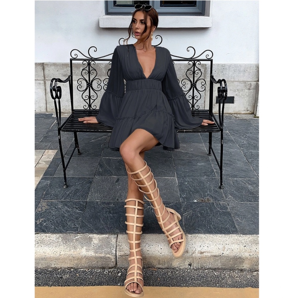 Black Boho Mini Dress Flounce Sleeves Deep V Neck - Picture 3 of 13